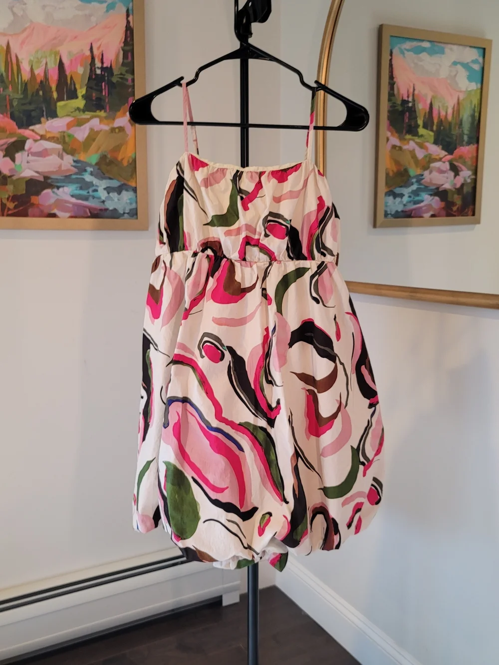 ANTHROPOLOGIE Adjustable Strap Bubble Hem Short Dress Pink Abstract Size XL - Picture 2 of 10